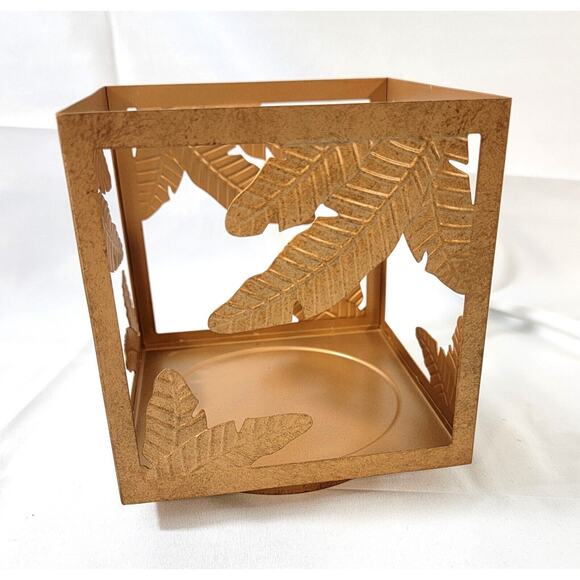 New Partylite Gold Square Metal Jar Candle Holder P92779 Leaves NIB - Picture 2 of 10